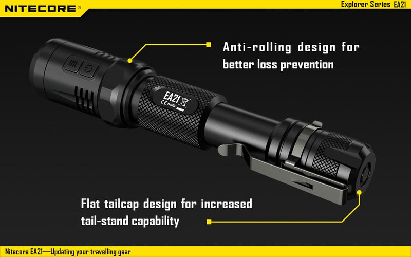 Nitecore EA21 has anti rolling design for better loss prevention. Also it has flat tailcap design for increased tail stand capability.