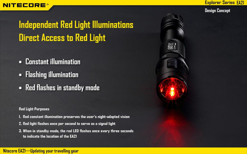 Nitecore EA21 has an indepedent red light illuminations with direct access to red light.