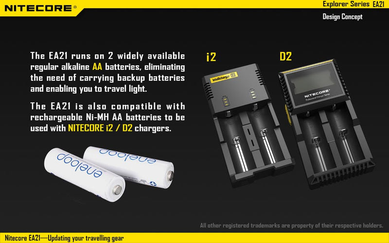 The Nitecore EA21 is also compatible with rechargeable Ni - MH AA batteries to be used with Nitecore i2 and D2 chargers.