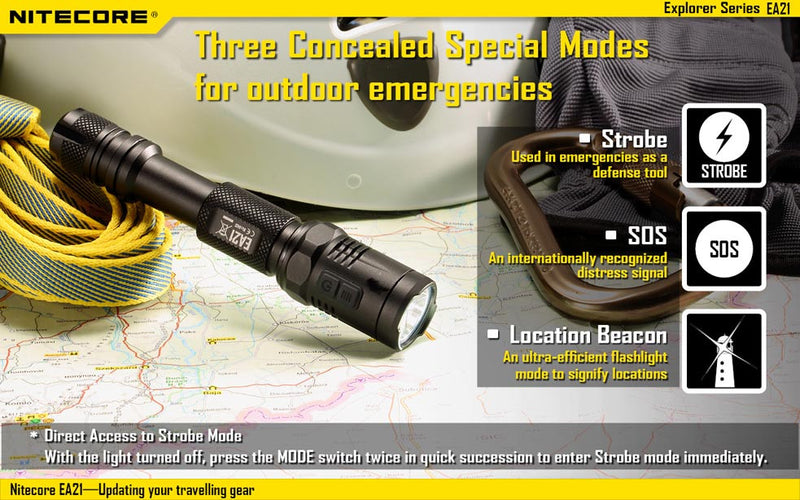 Nitecore EA21 has three concealed special modes for outdoor emergencies. Strobe, SOS and location beacon.
