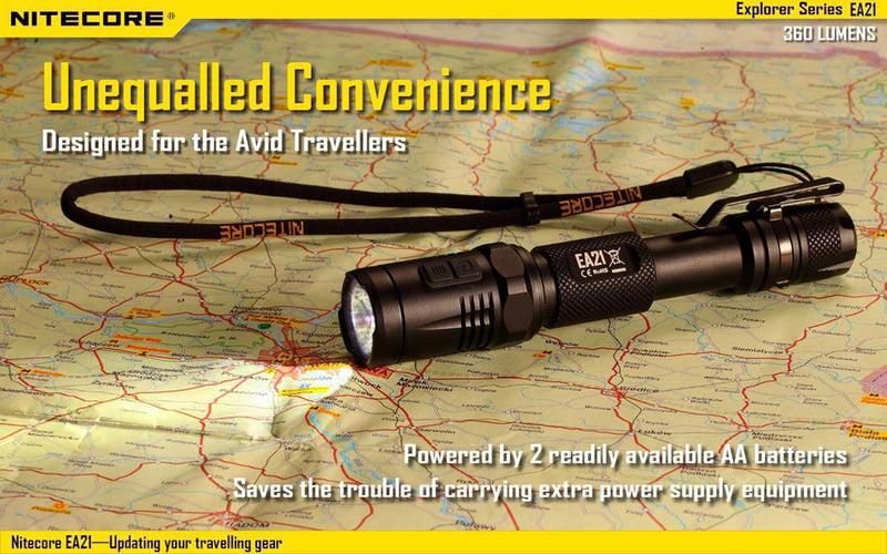 Nitecore EA21 is powered by 2 readily available AA batteries. 