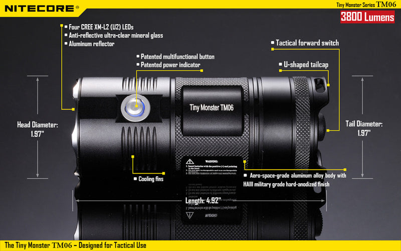 Nitecore TM06 Tactical LED Flashlight with 4 x Nitecore NL1823 2300 mAh 18650 lithium batteries