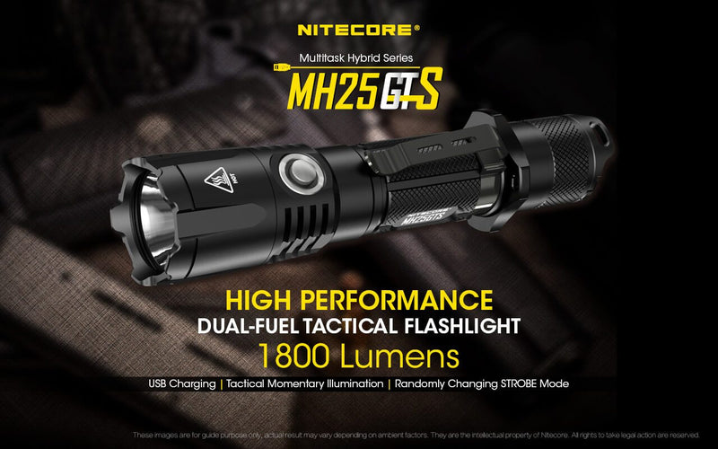 Nitecore MH25GTS has a high performance dual fuel tactical flashlight with 1800 lumens.
