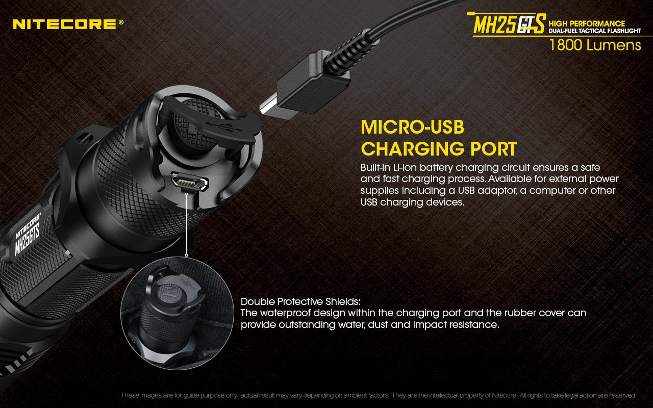 Nitecore MH25GTS high performance dual fuel tactical flashlight has a micro usb charging port.