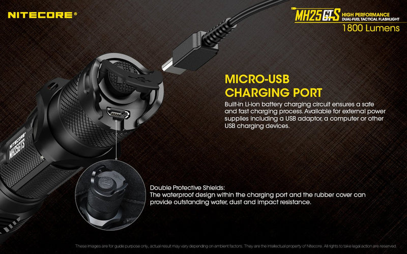Nitecore MH25GTS high performance dual fuel tactical flashlight has a micro usb charging port.