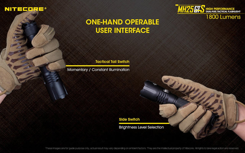 Nitecore MH25GTS high performance dual fuel tactical flashlight has one hand operable user interface.