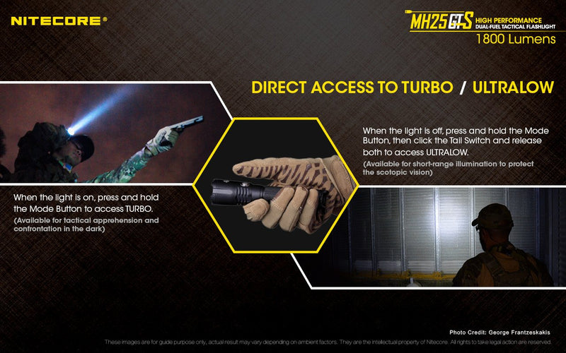 Nitecore MH25GTS high performance dual fuel tactical flashlight has direct access to turbo or ultra low.