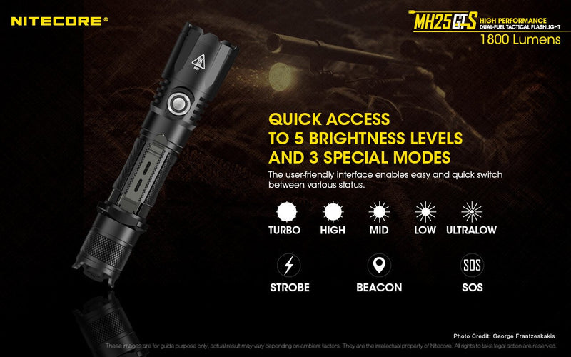Nitecore MH25GTS high performance dual fuel tactical flashlight has a quick access to 5 brightness levels and 3 special modes.