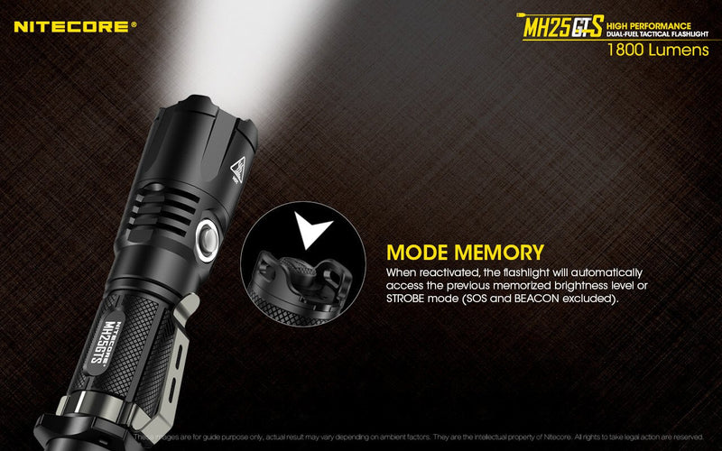 Nitecore MH25GTS high performance dual fuel tactical flashlight has mode memory.