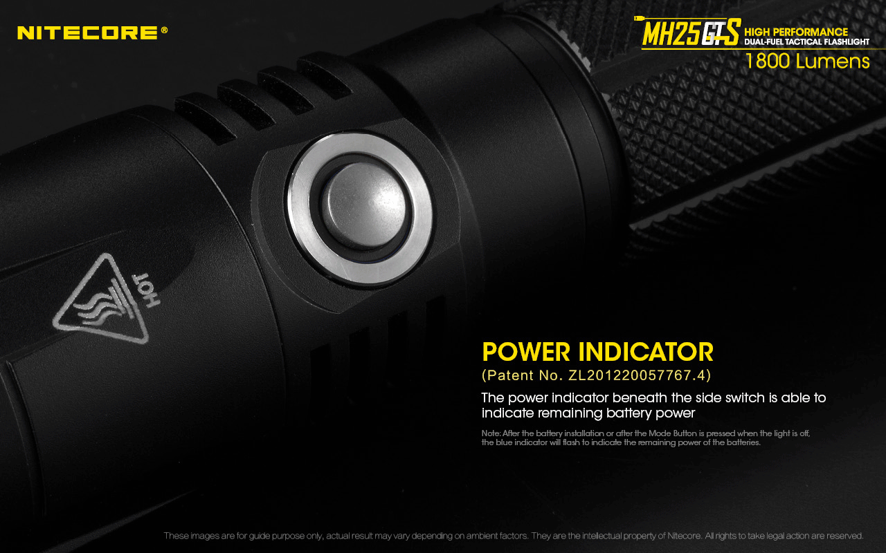Nitecore MH25GTS high performance dual fuel tactical flashlight has power indicator.