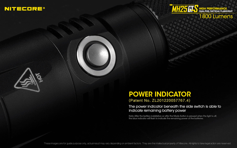 Nitecore MH25GTS high performance dual fuel tactical flashlight has power indicator.