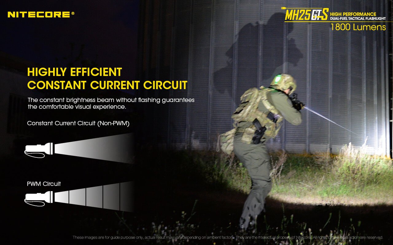 Nitecore MH25GTS high performance dual fuel tactical flashlight has highly efficient constant current circuit.