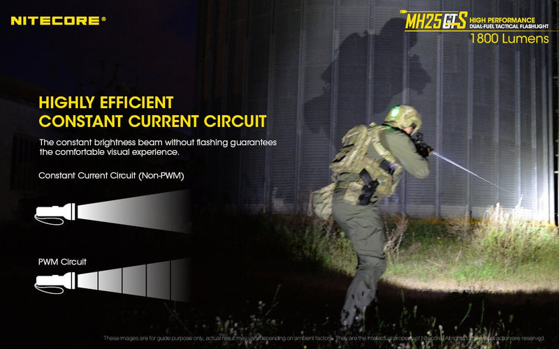 Nitecore MH25GTS high performance dual fuel tactical flashlight has highly efficient constant current circuit.