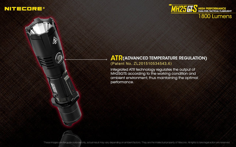 Nitecore MH25GTS high performance dual fuel tactical flashlight has Advanced Temperature Regulation.
