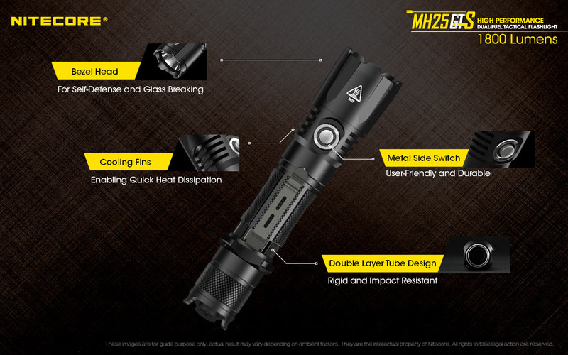 Nitecore MH25GTS high performance dual fuel tactical flashlight has cooling fins which enabling quick heat dissipation.