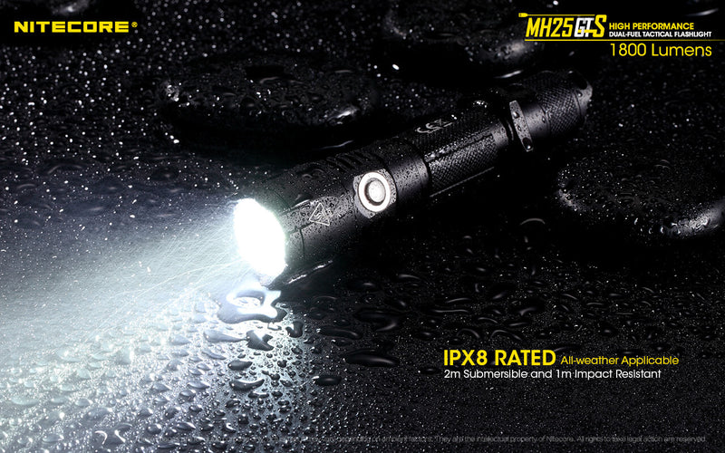 Nitecore MH25GTS high performance dual fuel tactical flashlight has IPX8 rated