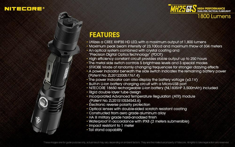 Nitecore MH25GTS high performance dual fuel tactical flashlight features.