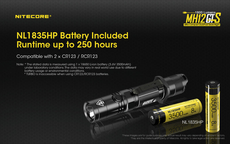 Nitecore MH12GTS with NL1835HP Battery included. Run time up to 250 hours