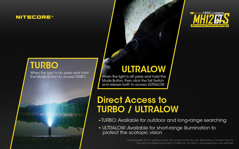 Nitecore MH12GTS is a direct access to turbo and ultra low. 