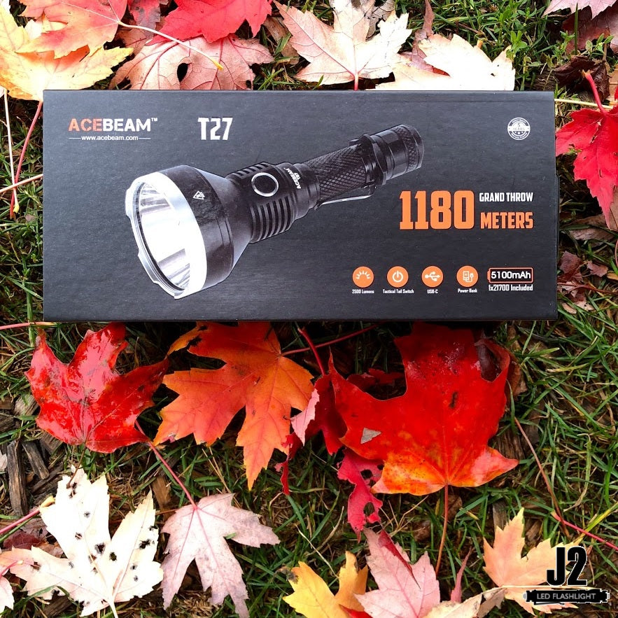 Acebeam T27 ultra long range LED flashlight with a beam that reaches over 3800 Feet