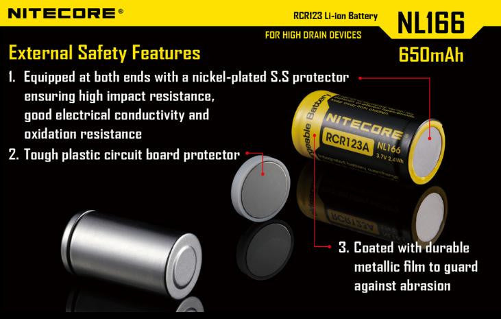 Nitecore NL166 RCR123A 650mAh 3.7V Rechargeable Lithium Battery x 2