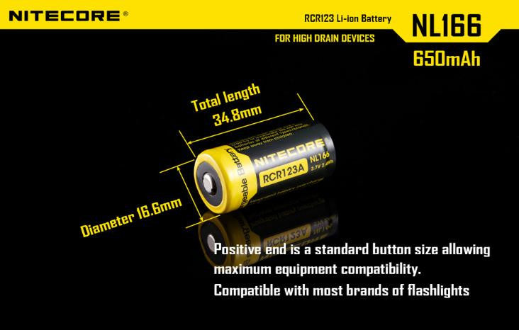 Nitecore NL166 RCR123A 650mAh 3.7V Rechargeable Lithium Battery x 2