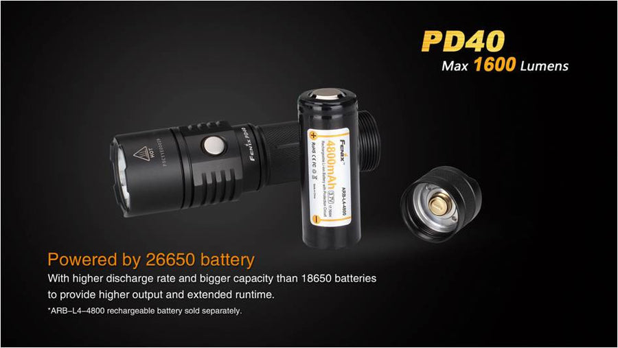fenix flashlight arb-l4-4800 Li-Ion 26650 (3.7 V) 4800 mAH Rechargeable Battery The red and green LEDs provide 400 and 1400 lumens respectively The super bright Fenix PD18R