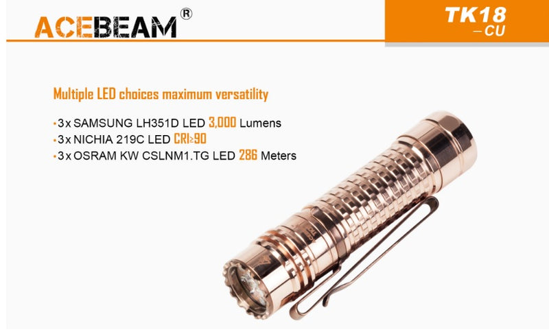 ACEBEAM TK18 CU led flashlight with 3000 eye scorching lumens in copper + battery