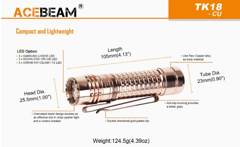 ACEBEAM TK18 CU led flashlight with 3000 eye scorching lumens in copper + battery