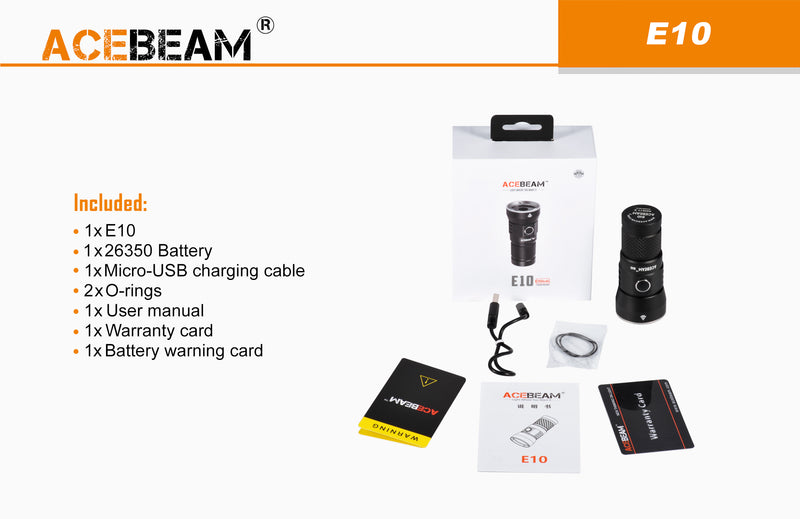 Acebeam E10 1050 Lumen Mini Thrower Compact Flashlight over 675 meters beam distance with 2 x   Acebeam 26350 Batteries and Holster