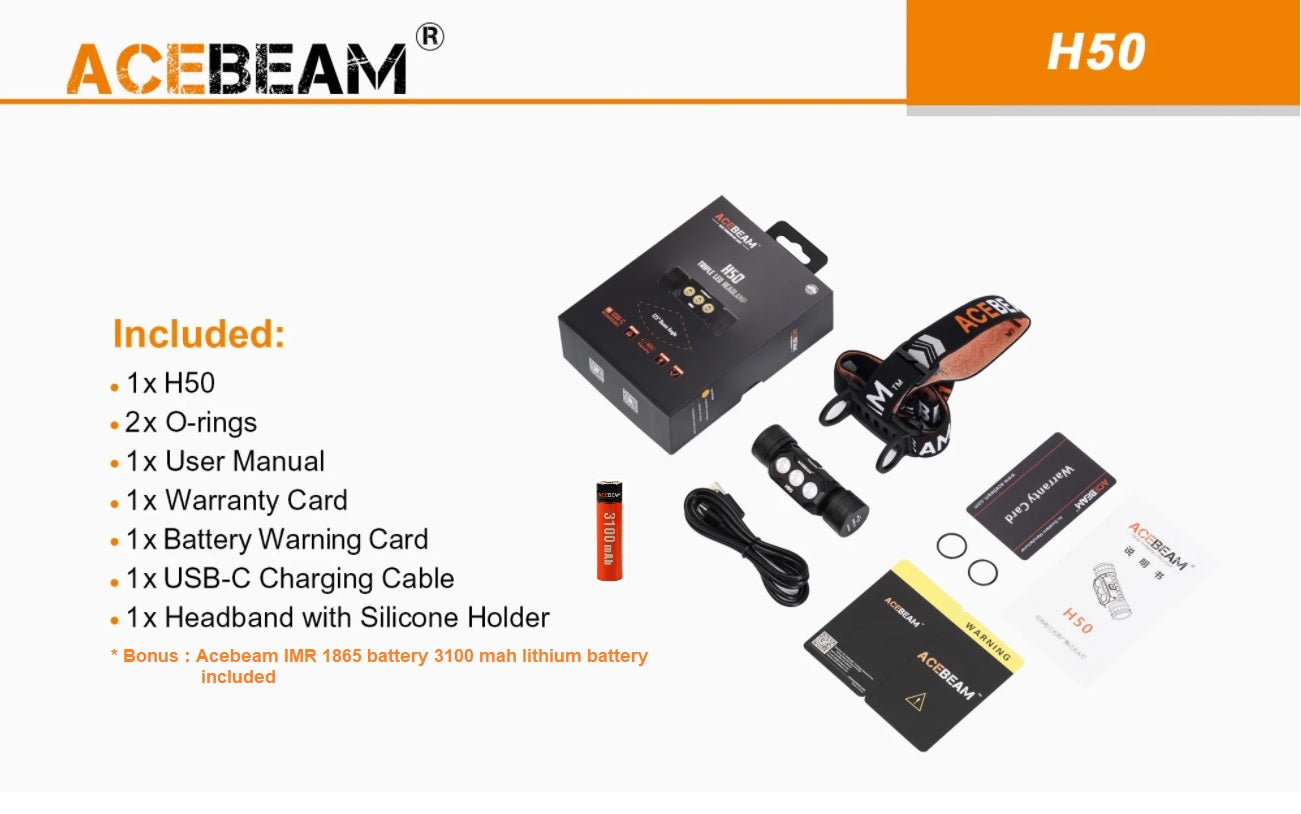 Acebeam H50 head lamp with accessories