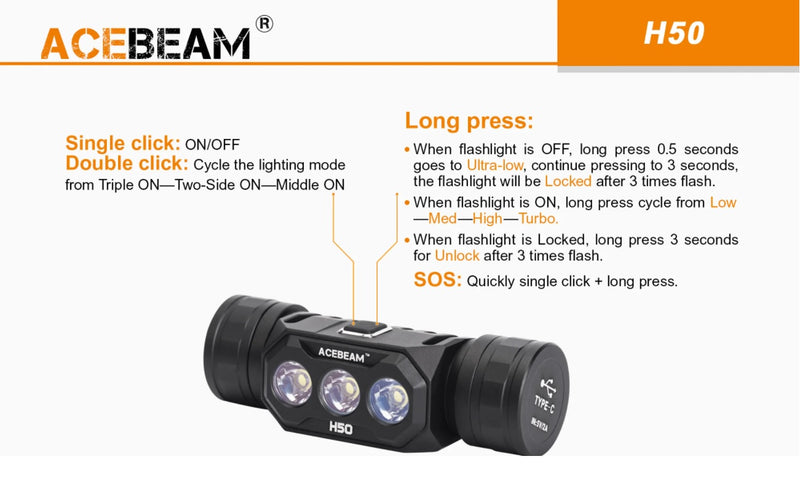 Acebeam H50 headlamp with side switch