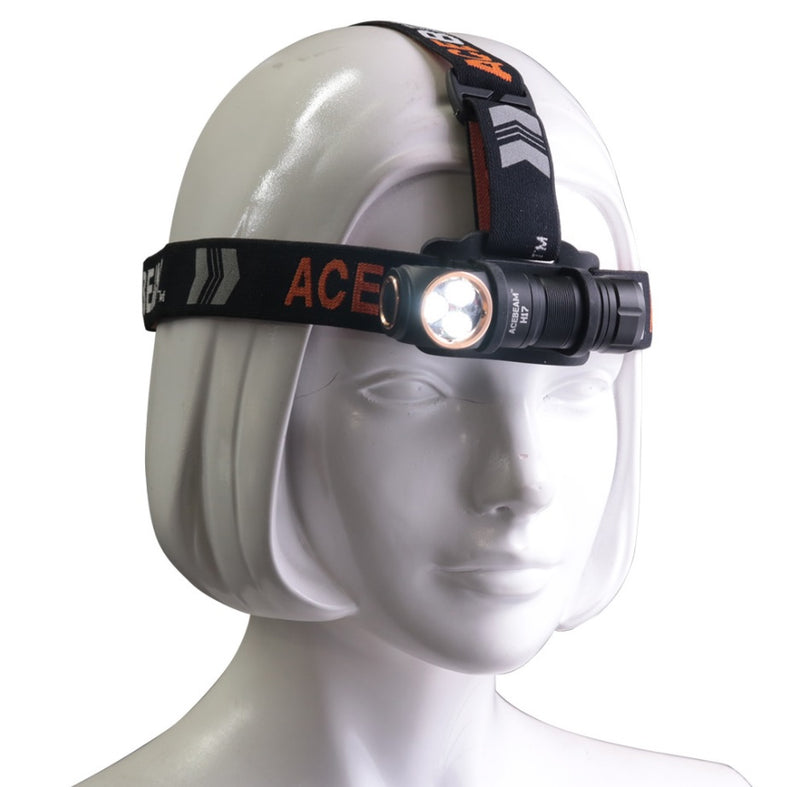 Acebeam Multiple LED Choices Maximum Versatility headlamp on a head