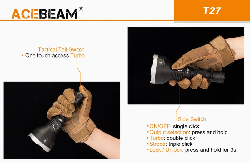 Acebeam T27 Tactical and Hunting Rechargable Thrower Flashlight with Tactical Switch