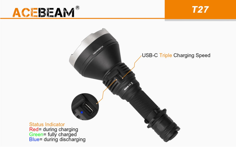 Acebeam T27 Tactical and Hunting Rechargable Thrower Flashlight with USB C Triple Charging Speed