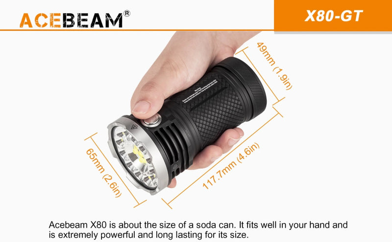 Acebeam X80GT with 18 Cree XHP50.0 LED is about the size of a soda can.