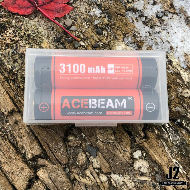 Acebeam IMR 18650 3100mAh 3.6 V Protected High-Drain Lithium Ion (Li-ion) Button Top Battery x 2 in hard plastic case