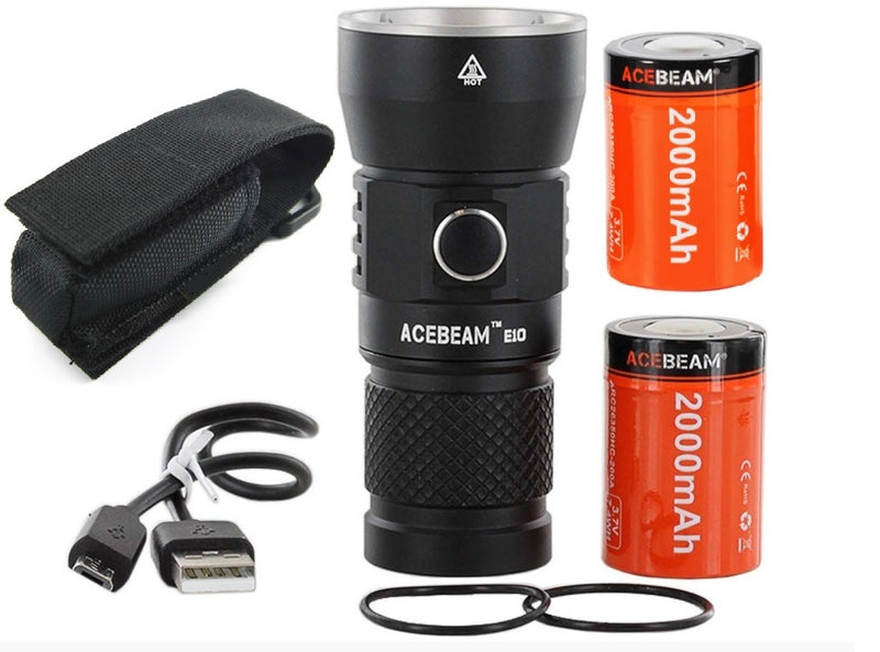 Acebeam E10 760 Lumen Mini Thrower Compact Flashlight over 526 meters beam distance with 2 x Acebeam 26350 Batteries and Holster