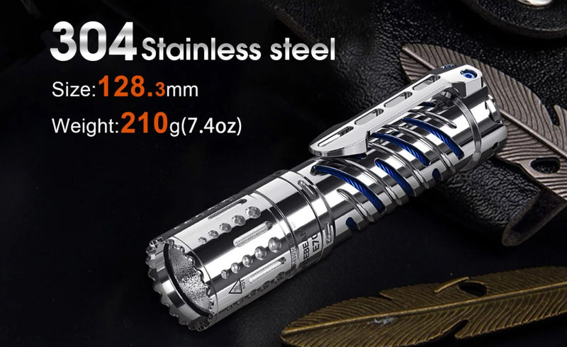 Acebeam E70 SS Stainless Steel with size and weight