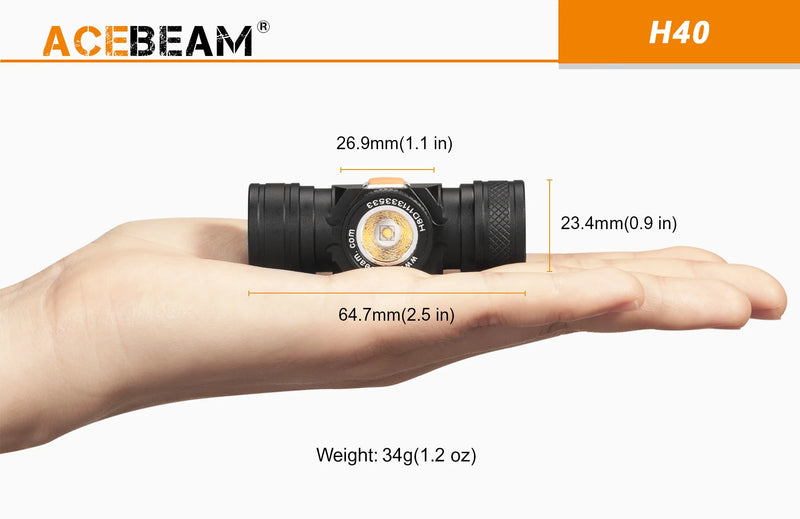 Acebeam H40 Headlamp light weight at 34 grams.