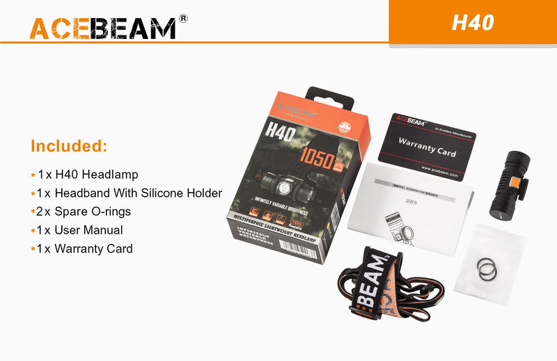 Acebeam H40 led headlamp with accessories.