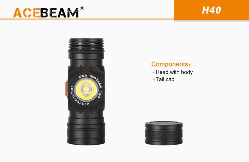 Acebeam H40 Headlamp with components of head with body and tail cap.