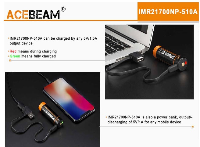Acebeam IMR 21700NP 510A Built in Micro USB Rechargeable Battery / Power Bank