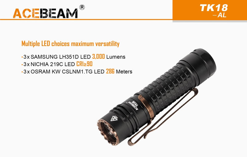 ACEBEAM TK18 AL led flashlight with 3000 eye scorching lumens in aluminum + battery