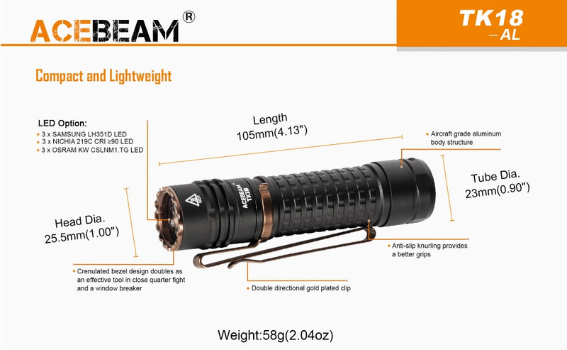 ACEBEAM TK18 AL led flashlight with 3000 eye scorching lumens in aluminum + battery