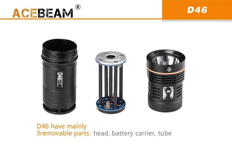 Acebeam D46 Dive light - 5200 lumens with 4 x Eagtac 18650 3400 mAh batteries