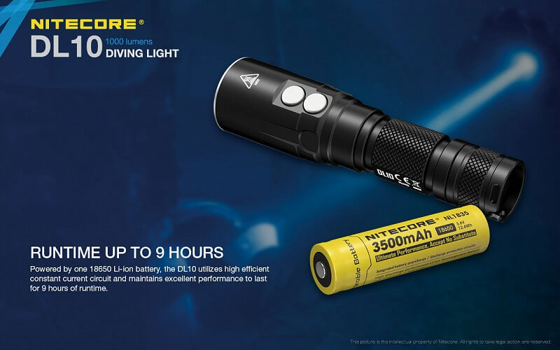 Nitecore DL10 Diving light with NL1826R 2600mAh USB Rechargeable 18650 Battery