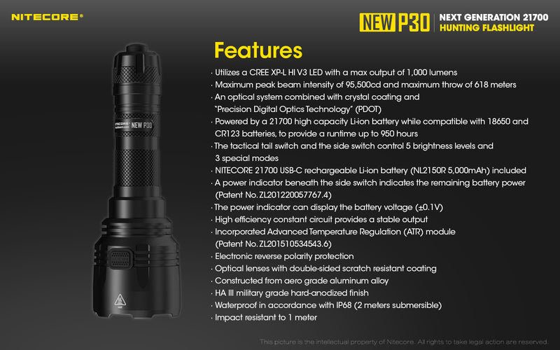 Features of Nitecore New P30 Next Generation 21700 Hunting led flashlight
