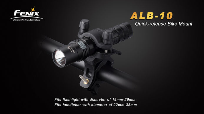 Fenix Bike mount ALB 10 fits flashlights handbar with diameter of 22 mm to 35 mm.