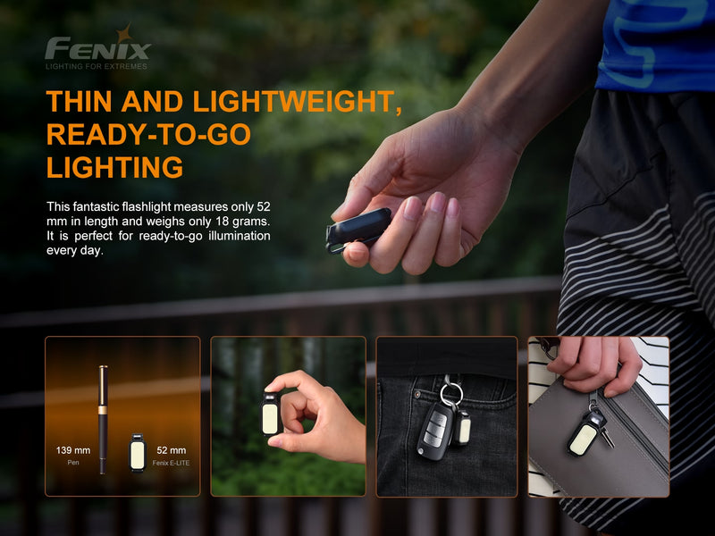 Fenix E-Lite 150 lumens Multipurpose super mini edc light is thin and lightweight and ready to go lighting